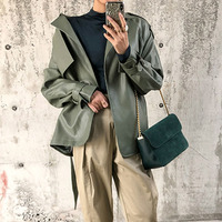 FTLZZ nowa wiosna jesień kobiety Faux PU skórzane casualowe w stylu Streetwear znosić skóra motocyklowa kurtka z paskiem zielona kurtka na rower 2